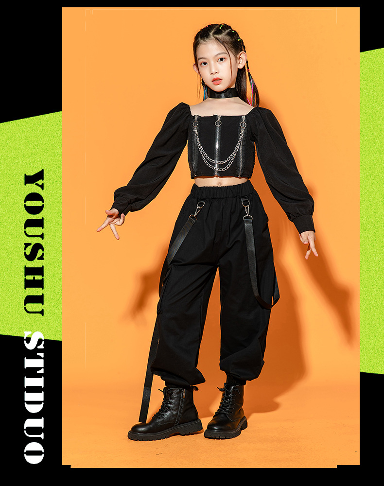 女童爵士舞服装儿童演出服jazz露脐黑色套装女孩模特走秀嘻哈潮服