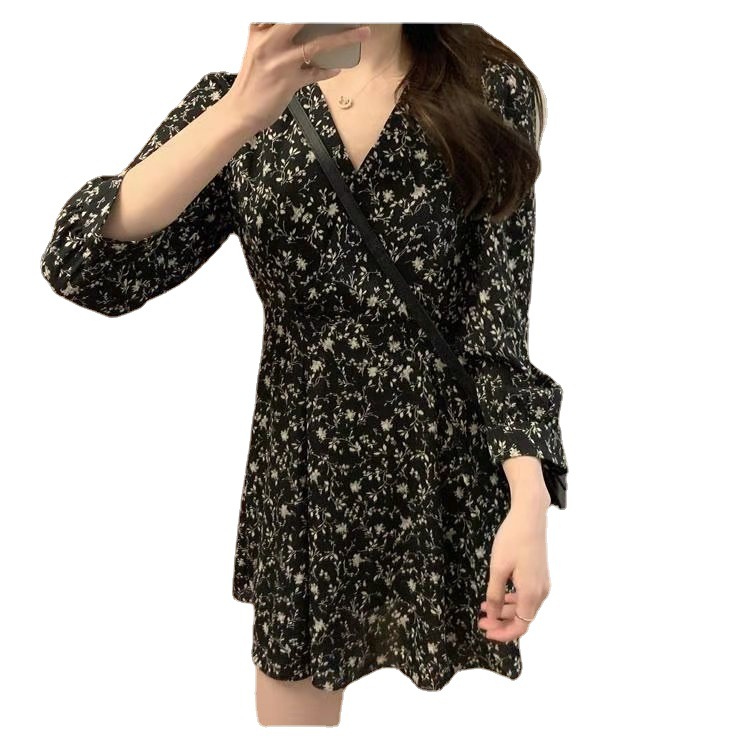 2023 Summer New Korean Style Floral Chiffon Dress Waist Slimming Temperament A- line Short Sleeve Dress Tail Goods Wholesale