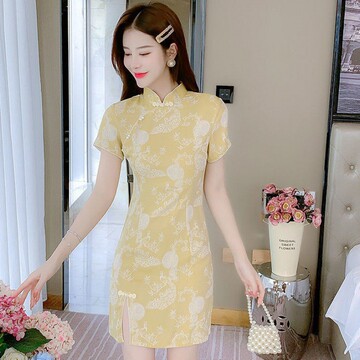 小个子旗袍改良年夏季新款年轻款短款黄色复古感连衣裙女