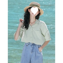 条纹衬衫女夏季韩版设计感绿色衬衣盐系宽松显瘦短袖上衣