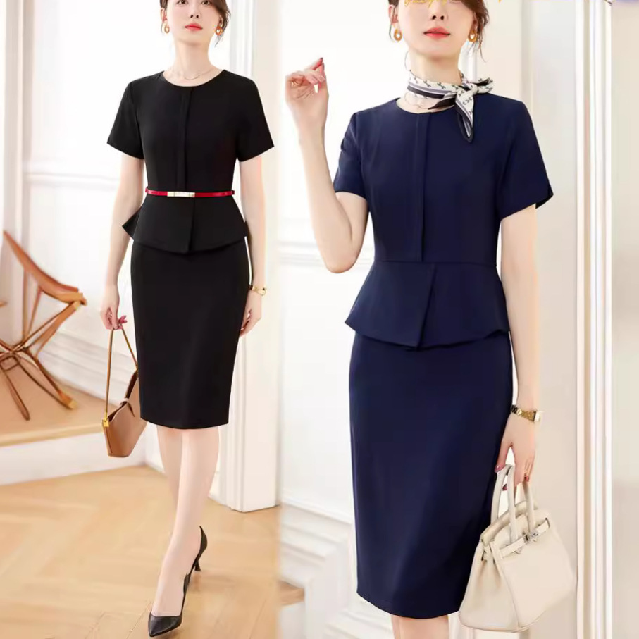 爆款夏季2024气质修身女新款通勤职业装假两件珠宝店工作服连衣裙
