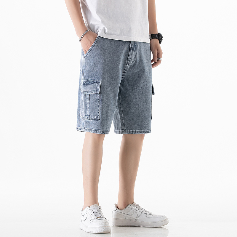 Summer Thin Denim Shorts Men's Fashion Brand Ripped Cropped Pants Loose Straight Korean Style Work Clothes Casual Cropped Pants