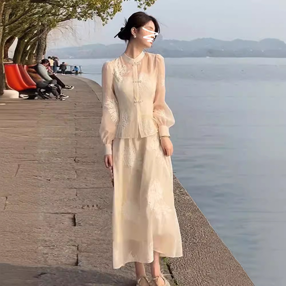 旗袍女新中式国风套装裙2024早春新款气质盘扣上衣半身裙子连衣裙