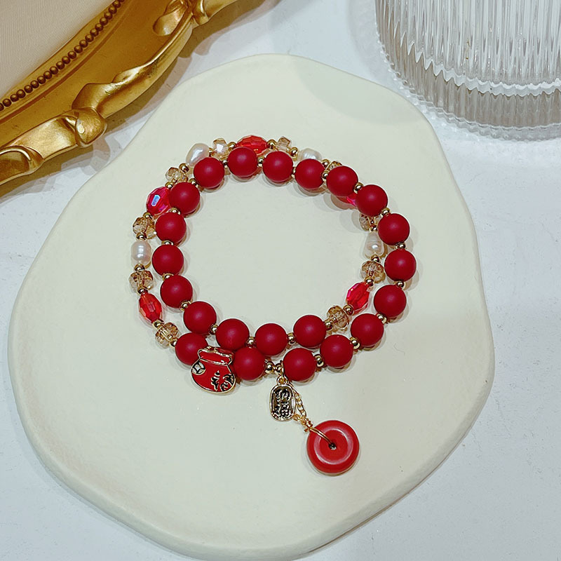 新年款红珠子手链女转运祈福本命年小老虎年手串民族风双圈手饰品