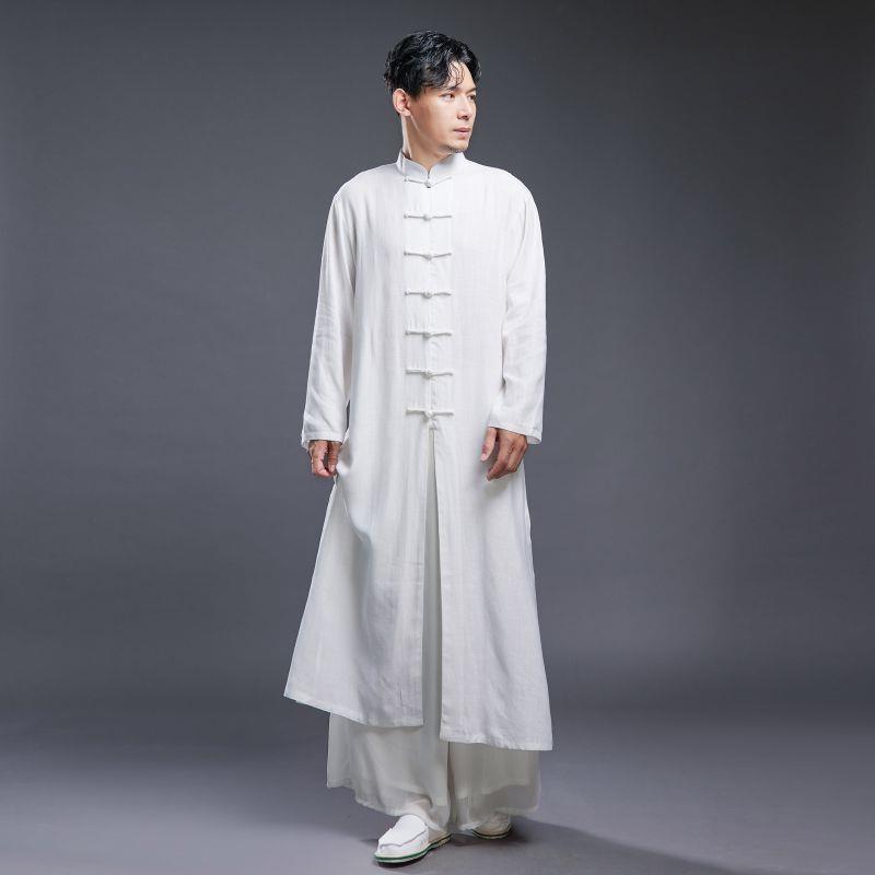 新款国风长袍立领盘扣洗水棉麻夏季薄款长衫盘国风长款开衫演出服