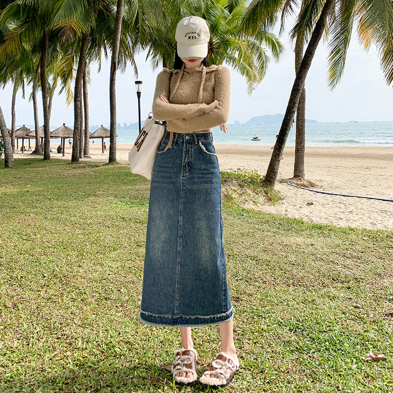 Hey + Jeans Split Denim Skirt for Women 2023 Spring New High Waist A- line Mid-Length Hip Skirt
