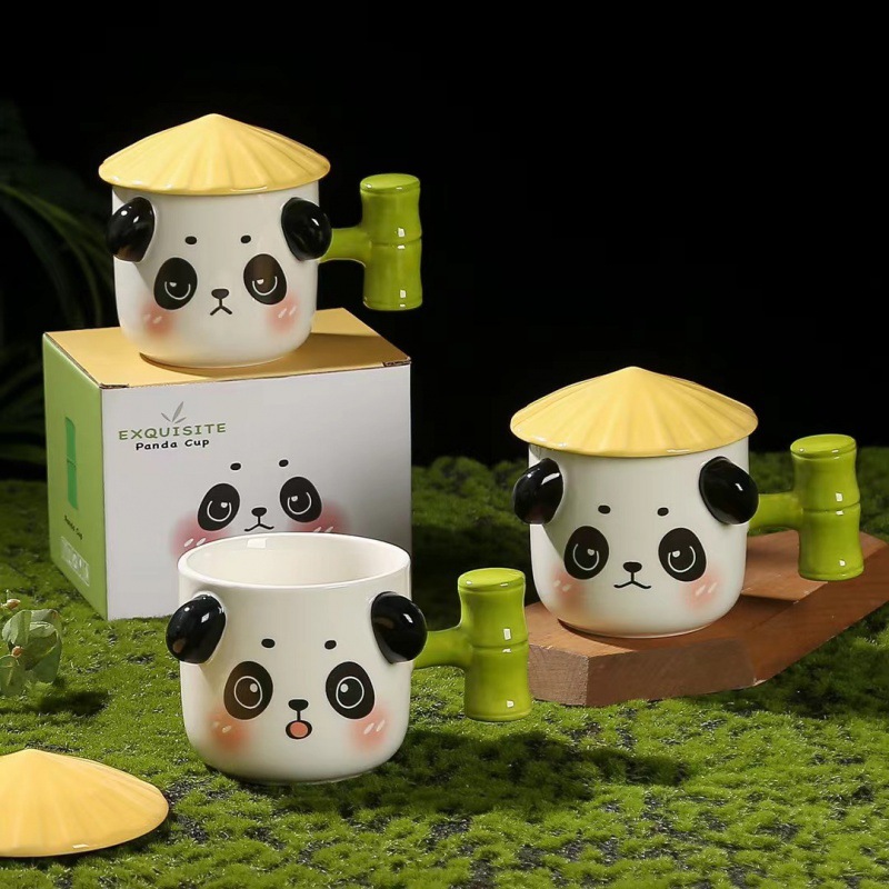 中国风浮雕熊猫竹子马克杯可爱陶瓷杯子带盖礼物伴手礼创意咖啡杯