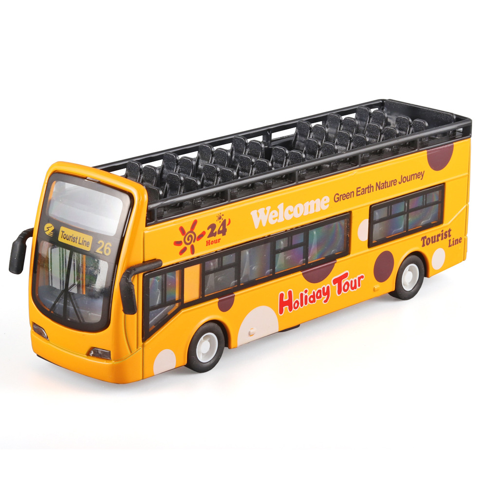 亚马逊跨境玩具批发灯光音乐回力 合金观光旅游大巴 双层巴士模型