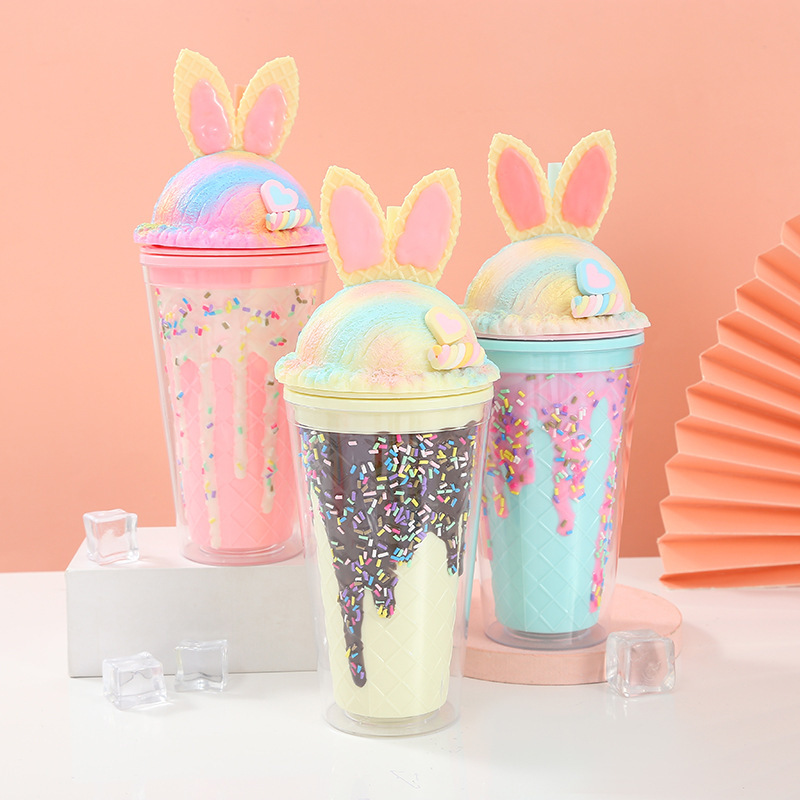 Unicorn Cream Ice Cup Ins Girl Heart Plastic Water Cup Double-Layer Cup with Straw Birthday Gift Cup