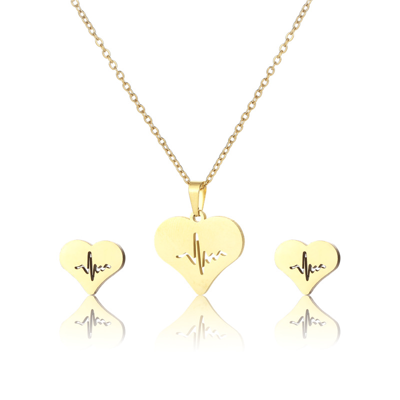 Necklace Set Elegant Heart Necklace Hollow ECG Eardrops Stud Earrings Stainless Steel Heart-Shaped Jewelry Three-Piece Set