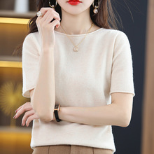 2023年秋冬新款韩版女士圆领卷边五分袖女士纯色套头宽松针织衫