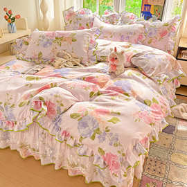 法式公主风加厚水洗斜纹磨毛床裙四件套韩版花边被套床单三件套