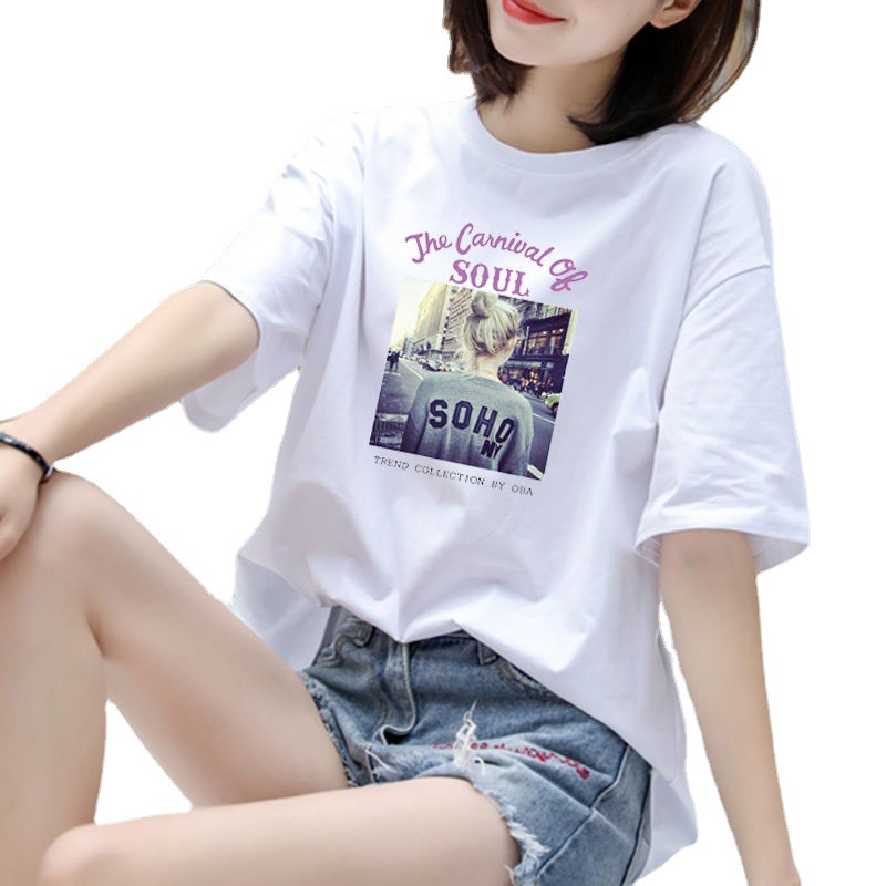 New Pure Cotton Short Sleeve T-shirt Women's Loose Summer Versatile Hip Hop Style White round Neck 100% Cotton Top Ins Fashion Wholesale