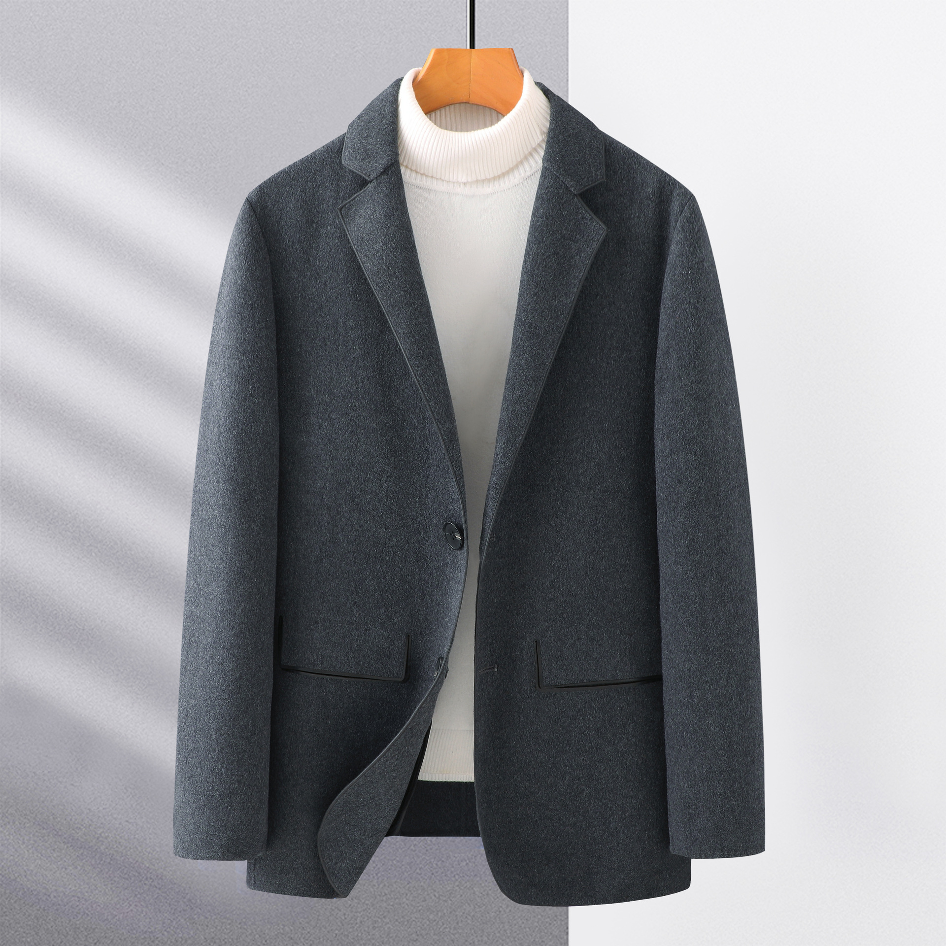 2021年新款双面呢西装男中年秋冬季外套时尚镶边休闲羊毛西服上衣