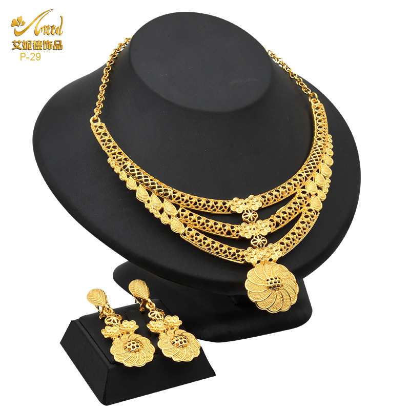 Dubai Bride 24K Gold-Plated Jewelry Set India Middle East Women's Fashion Necklace Earring Ring Bracelet Set