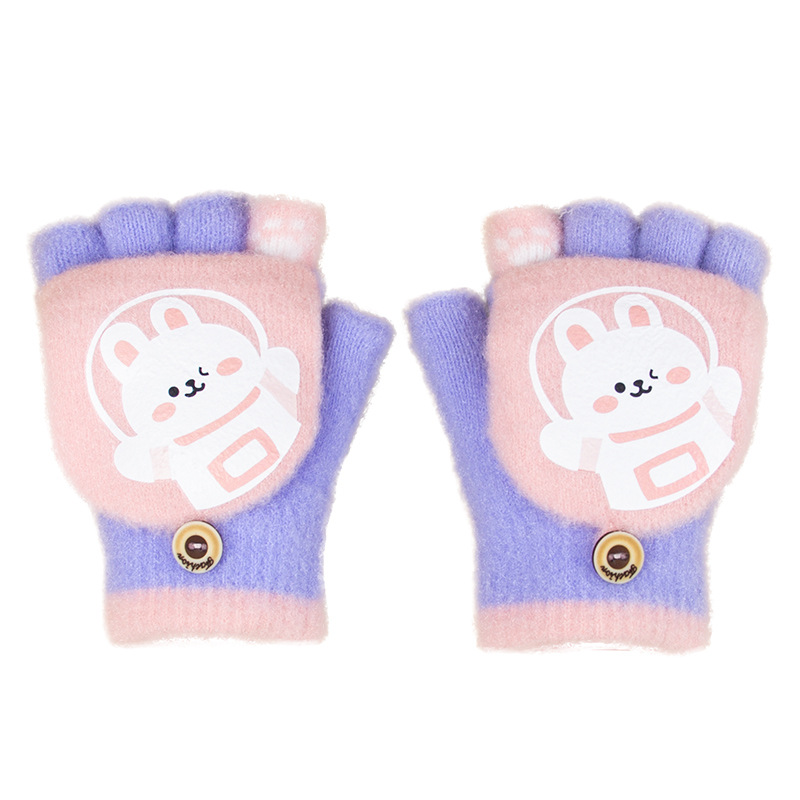 Cute Bunny Children Half Finger Flip Gloves Autumn and Winter Baby Girl Warm Open Finger Cartoon Knitted Wool Wholesale