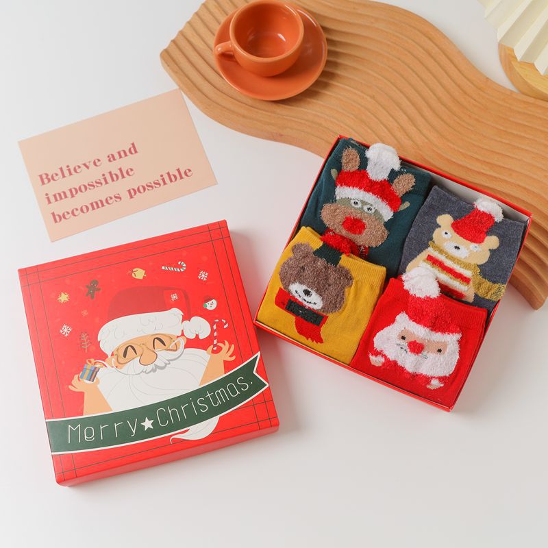 Gift Boxed Christmas Cotton Socks Women's Winter Thermal Middle Tube Christmas Stockings Women's Cute Cartoon Elk Women's Socks