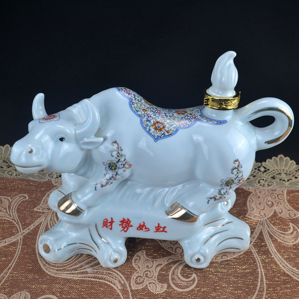 景德镇陶瓷艺术酒瓶酒坛牛气冲天红牛存酒高温瓷包装容器5斤套装