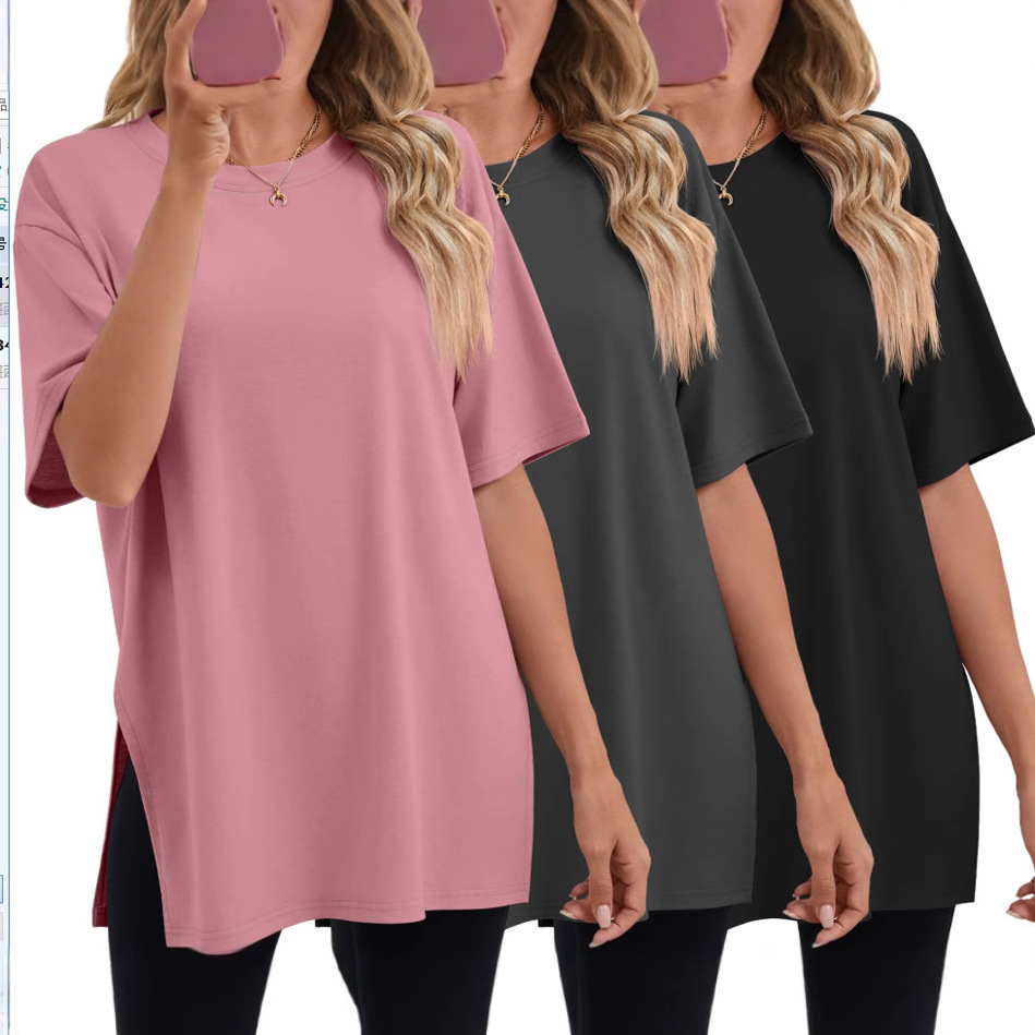 跨境欧美女装亚马逊外贸春夏新款色宽松半袖圆领仿棉质束腰女上衣