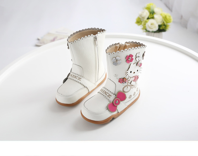 kt猫卡通女童靴秋冬季新款儿童靴子软底中筒童靴女宝宝加绒雪地靴
