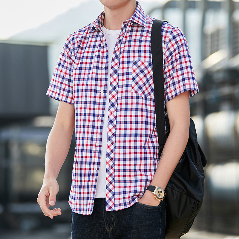夏季新款男士短袖衬衫韩版修身潮流格子半袖衬衣学生百搭男装衣服