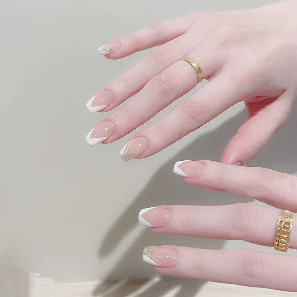 法式裸色闪粉斜边短芭蕾甲ins风可拆卸穿戴甲日韩美甲假指甲贴片