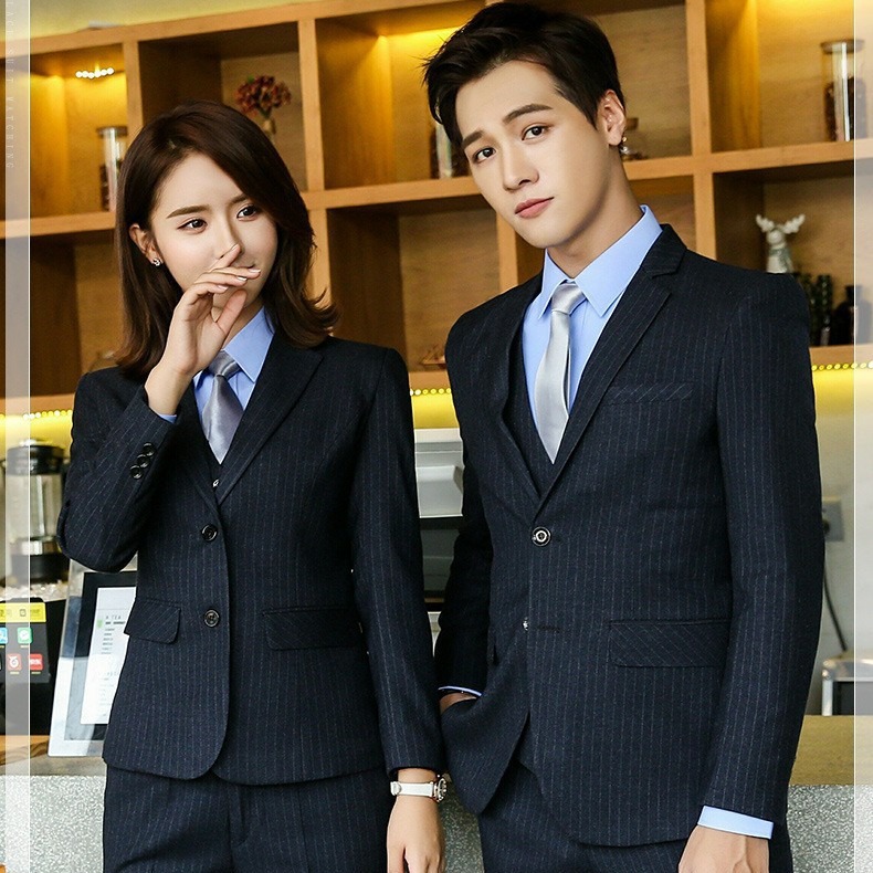 男女同款长袖条纹职业装套装西装工服秋冬新款房地产保险商务正装