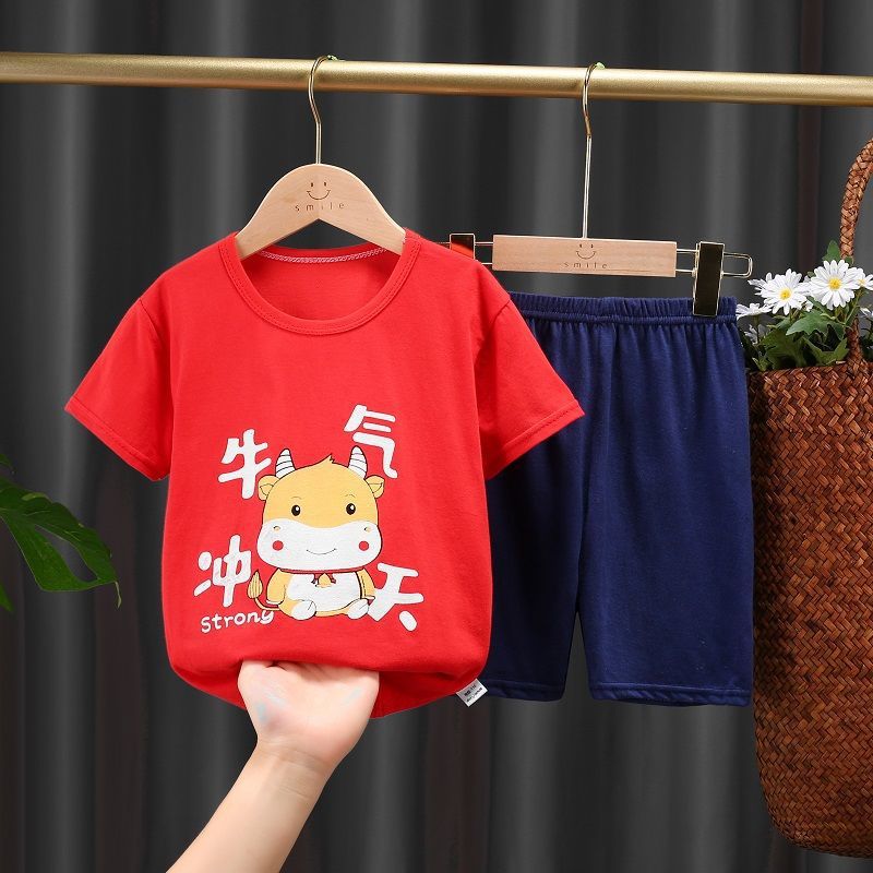 Children's Cotton Short-Sleeved Suit Girls' T-shirt Boys' Shorts Half-Sleeve Summer Wear Baby Summer Clothes