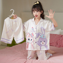 儿童睡衣新款女童卡通三件套冰丝短袖家居服套装轻薄舒适睡衣套装
