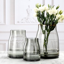 北欧简约原色玻璃花瓶透明插花灰色描金矮胖大口竖条纹清新插花瓶