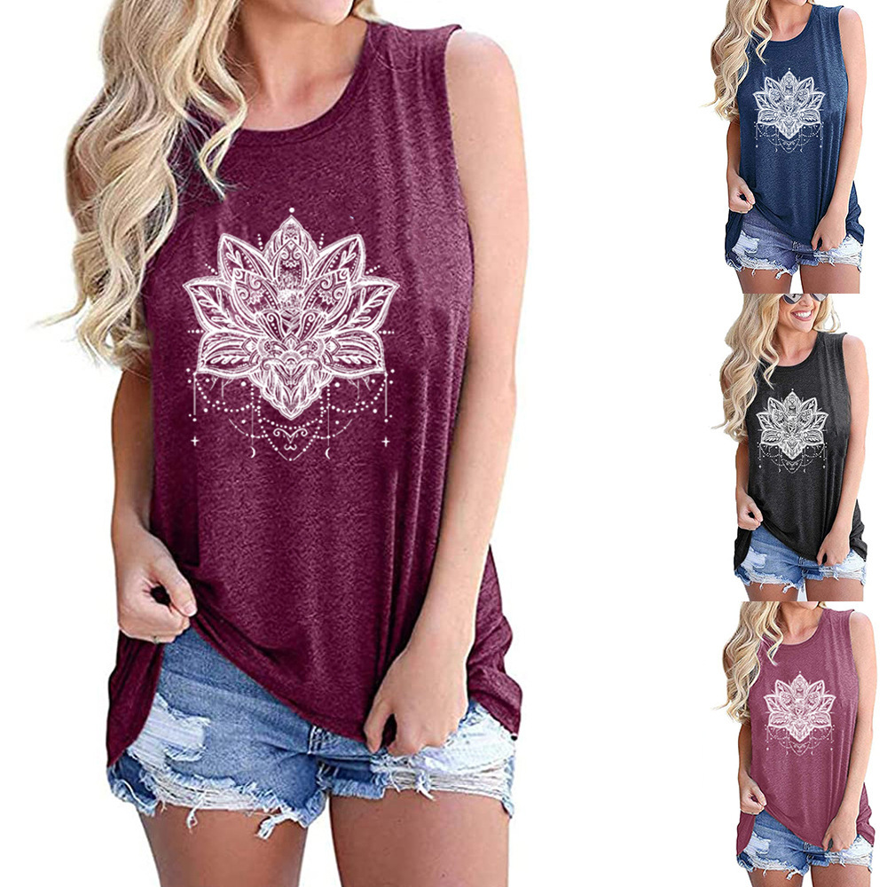 2021欧美亚马逊跨境新品女装 独立站爆品曼陀罗印花圆领无袖背心