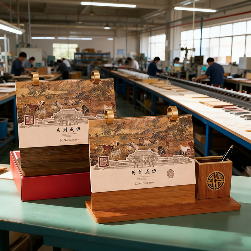 源头工厂2026年木质笔筒台历古风创意高档木架日历企业商务礼盒装