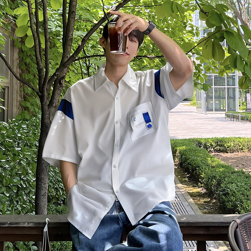 2123 2025夏新款拼接cityboy风中性宽松五分袖男短袖衬衫