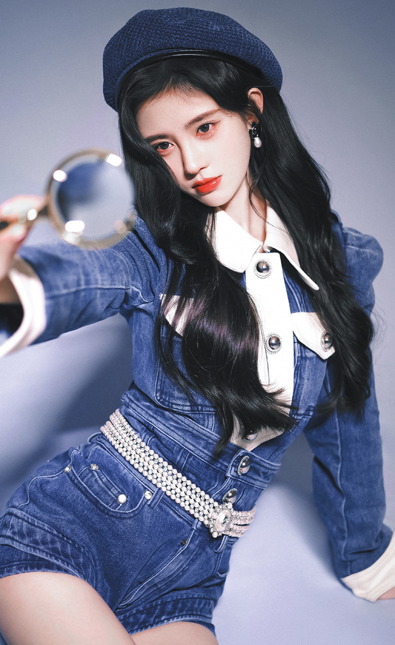 鞠婧祎明星同款牛仔撞色套装 2022初春新款修身时尚两件套套装女