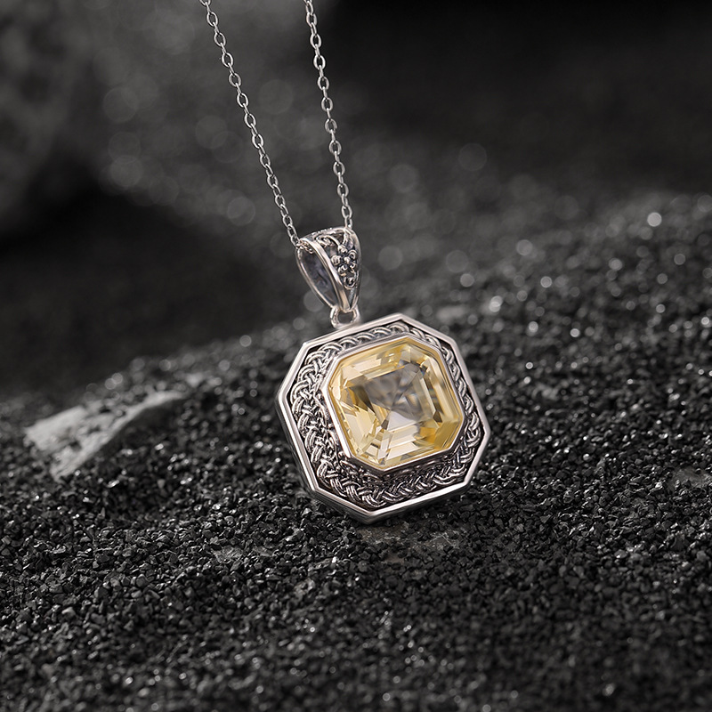 壹鹿银s925纯银黄水晶复古做旧吉祥如意编织花纹方形吊坠切面挂坠