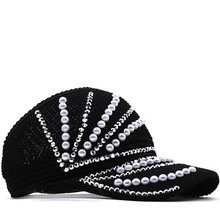 夏季空顶帽跨境珍珠扇形镶钻空顶帽太阳帽凉帽时装帽鸭舌帽