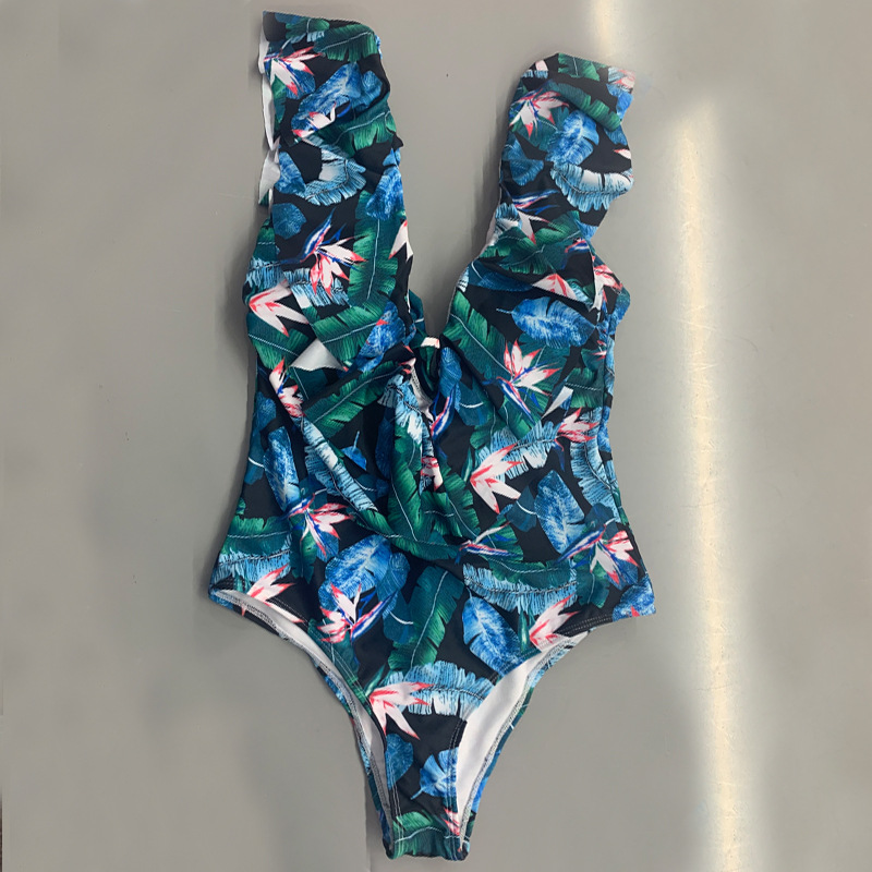 Hairun New Sexy One Piece Swimsuit Women's European and American Bikini Leaves Printed Lotus Leaf Flying Edge Swimsuit Bikini