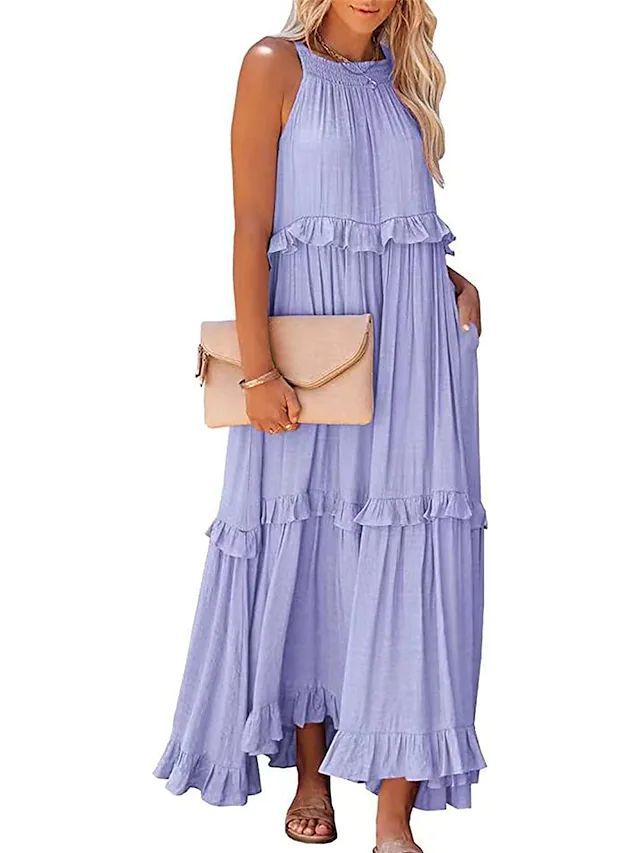 European and American 2023 Summer New Holiday Ruffled Long Dress Amazon Wide Hem Flowy Beach Dress for Women