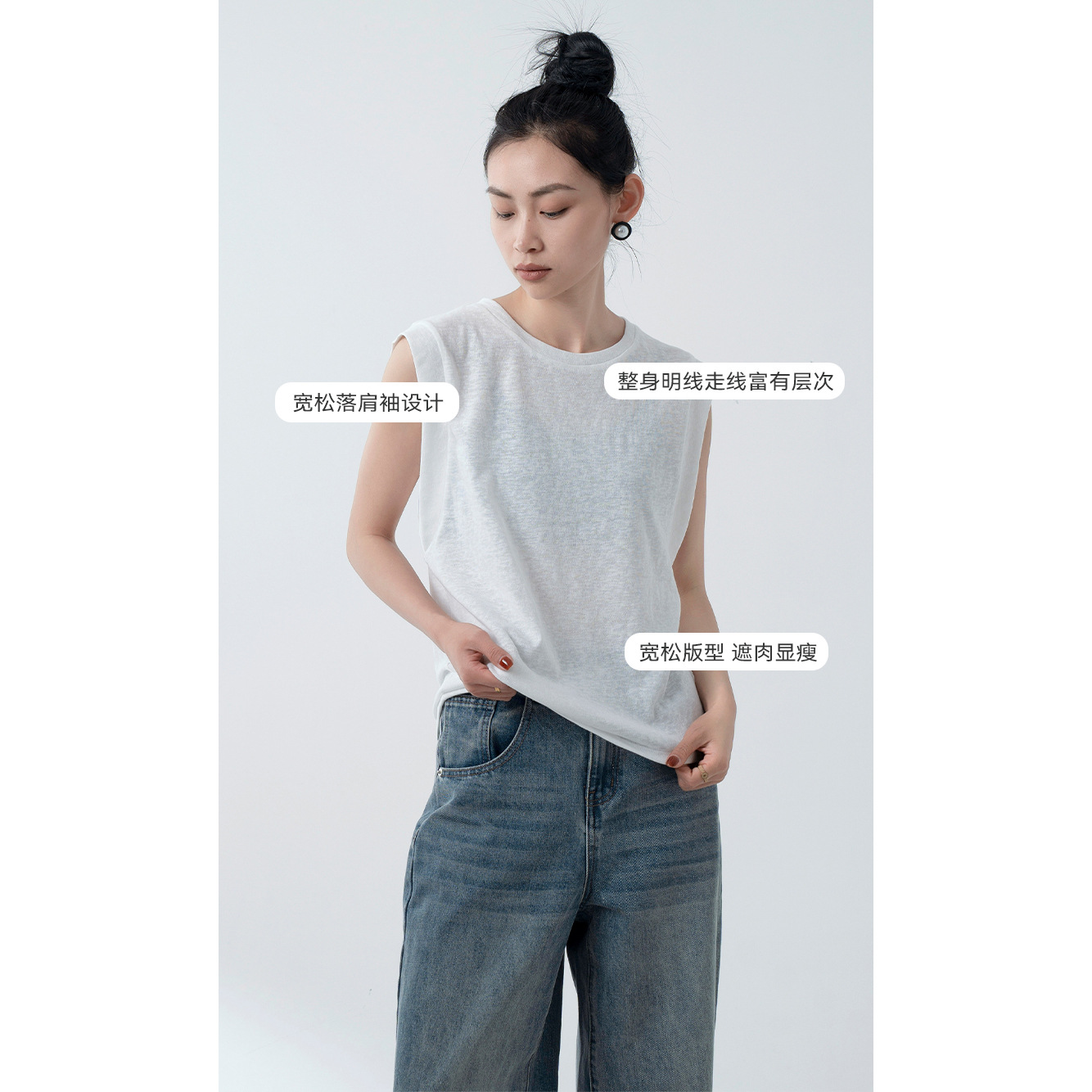 Cotton Linen Vest Women's 2023 Summer round Neck Loose Slimming Slightly Transparent Anti-Exposure Design Sleeveless T-shirt Top