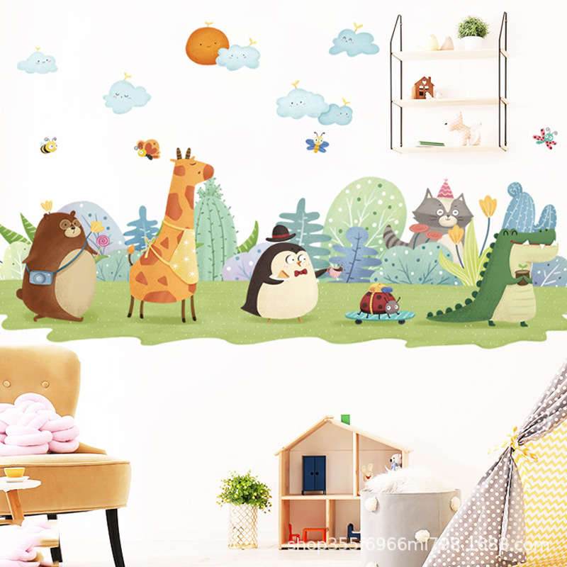 卡通小动物长颈鹿浣熊恐龙墙贴儿童房幼儿园墙贴跨境贴纸-阿里巴巴