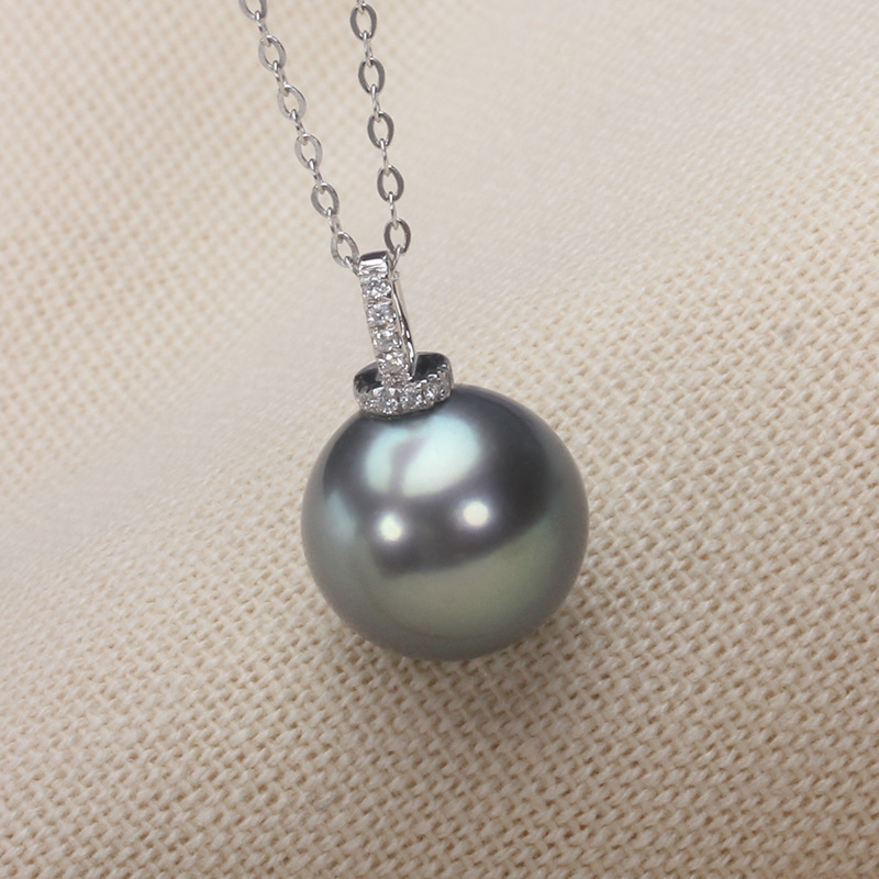 18k金海水珍珠吊坠奶嘴扣吊坠项链正圆极强光黑珍珠孔雀绿大溪地