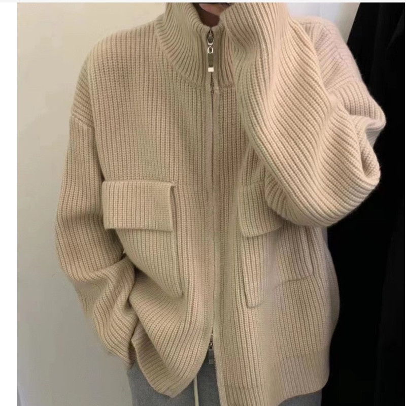 2002 Spring and Autumn New European Station Elegant Double Pocket Knitted Zipper Cardigan Korean Style Loose Sweater Coat Women's Fashion