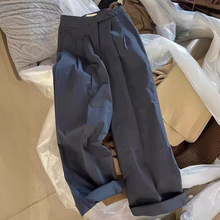 韩系小众设计高级感灰色裤子2024春季复古高腰显瘦压褶卷边西装裤