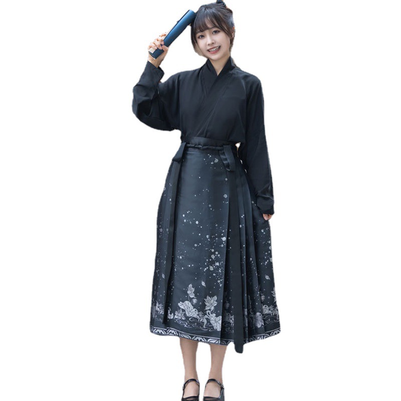 New Adult Hanfu Horse-Face Skirt Small Cropped Daily Commuter Improved Large Size Suit Female Summer Black