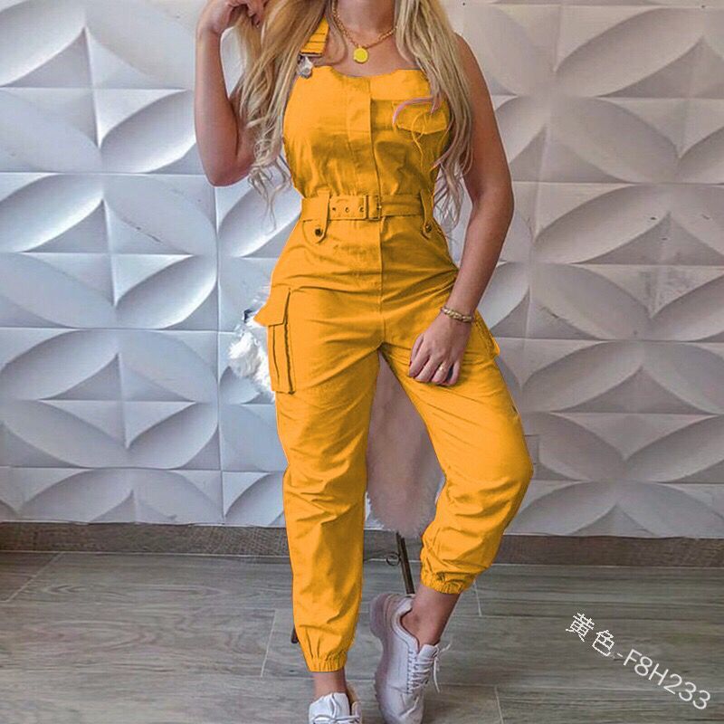 In Stock 2022 Fashion European and American Cross-Border Women Workwear Jumpsuit Belt Sleeveless Overalls Simple Ankle Banded Pants