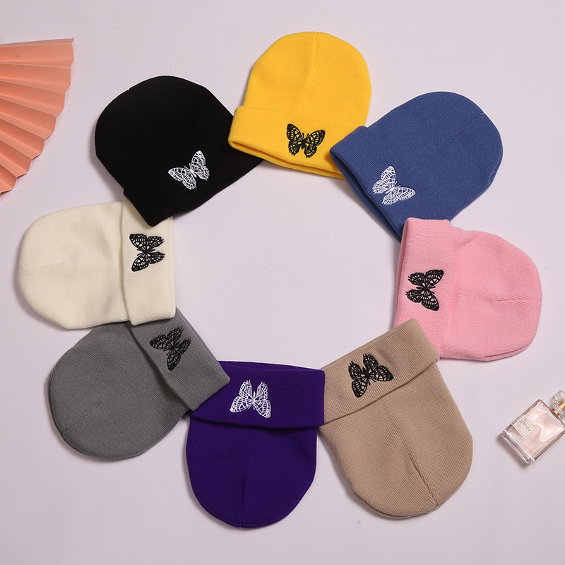 Spring, Autumn and Winter New English Text Knitted Hat Embroidery Warm Fashion Sleeve Cap Solid Color Trend Butterfly Woolen Cap