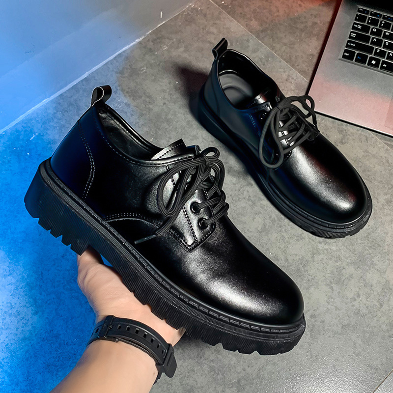 casual shoe Autumn Men's Casual Leather Shoes Big Head Shoes British Working Wear Shoes Korean Style Fashion Black Small Leather Shoes Low-Cut Fashion Shoes