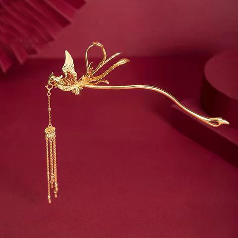 喜鹊头饰风复古汉服结婚发饰秀禾服旗袍配饰金色发簪流苏步摇发钗