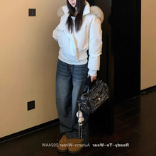 SUN11 狐狸毛领短款羽绒服女冬90白鸭绒防水收腰连帽加厚外套