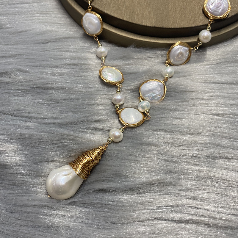 淡水纽扣珍珠14k注金绕线巴洛克吊坠知性复古贵气存在感毛衣链